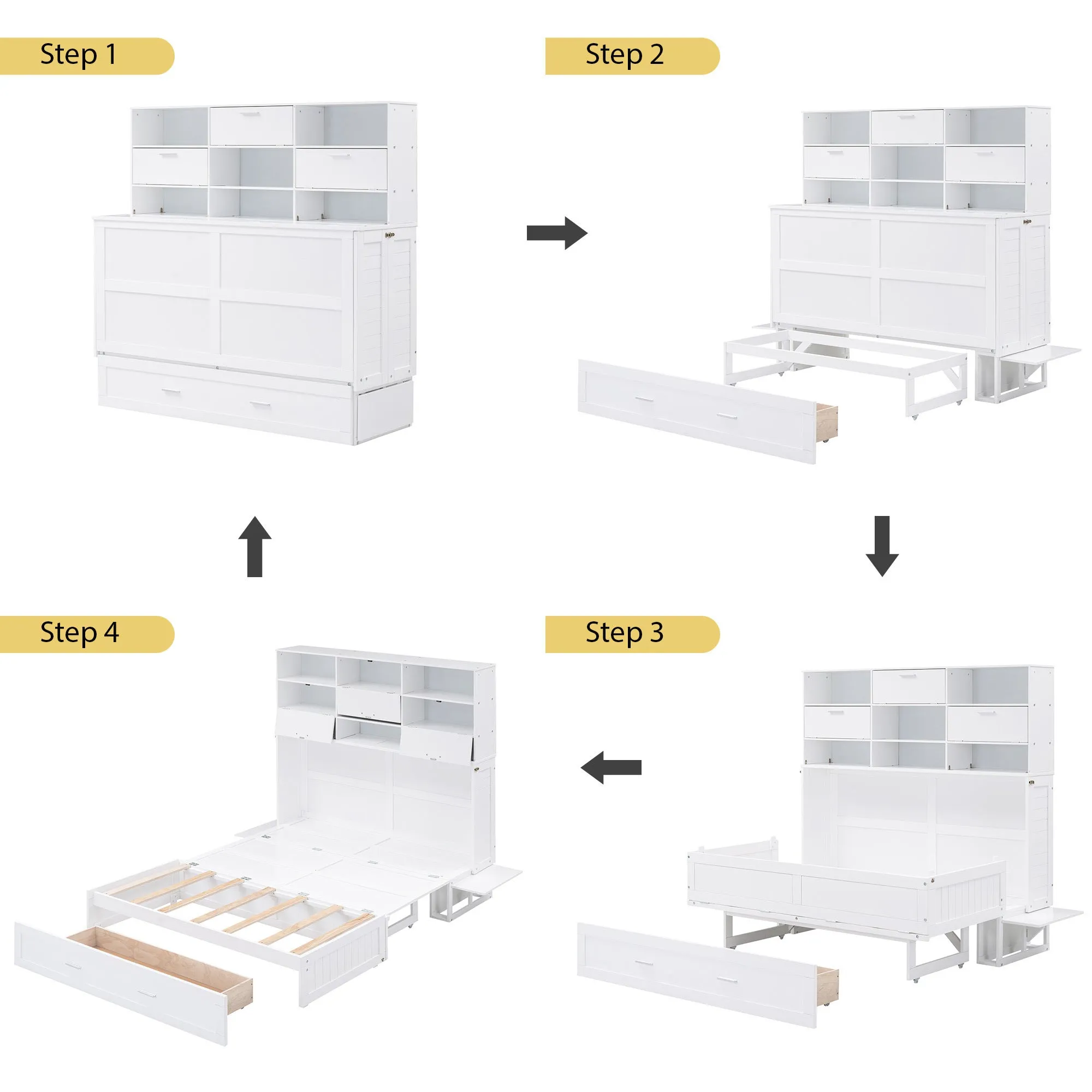 Queen Size Murphy Bed with Bookcase, Bedside Shelves and a Big Drawer, White