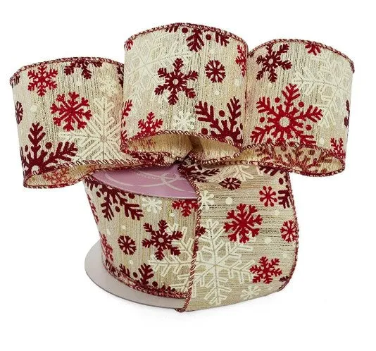 Red & Gold Snowflakes Christmas Ribbon - 2 1/2" x 10 Yards, Wired Edge