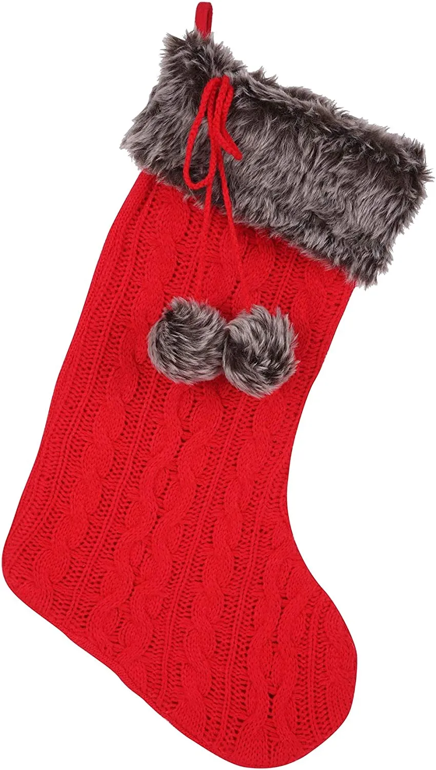 Red Cable Knit Christmas Stocking - 20" H, 8" W, Red, Faux Fur Boot Cuff