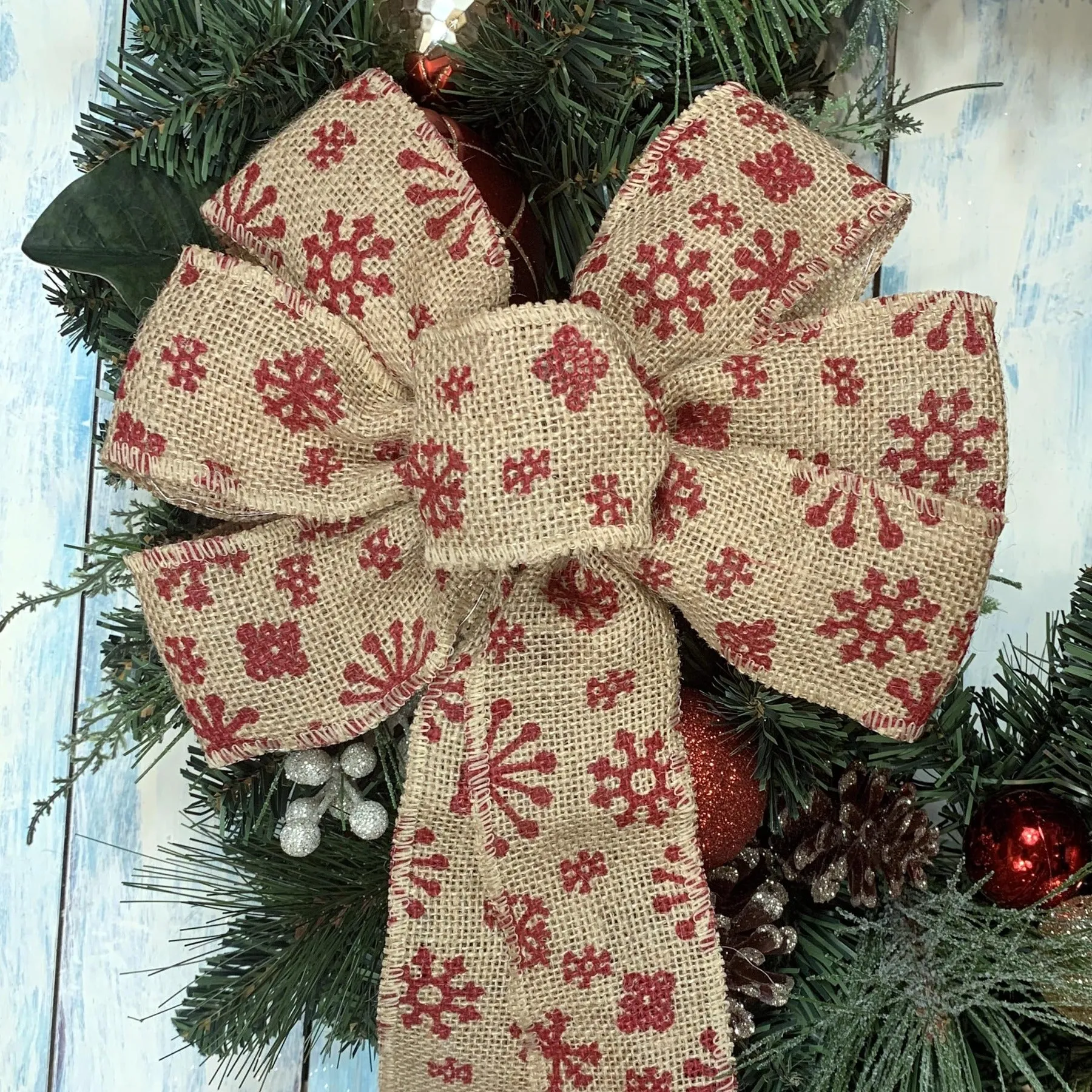 Red Snowflake Christmas Wreath Bow - 10" Wide, 18" Long Tails