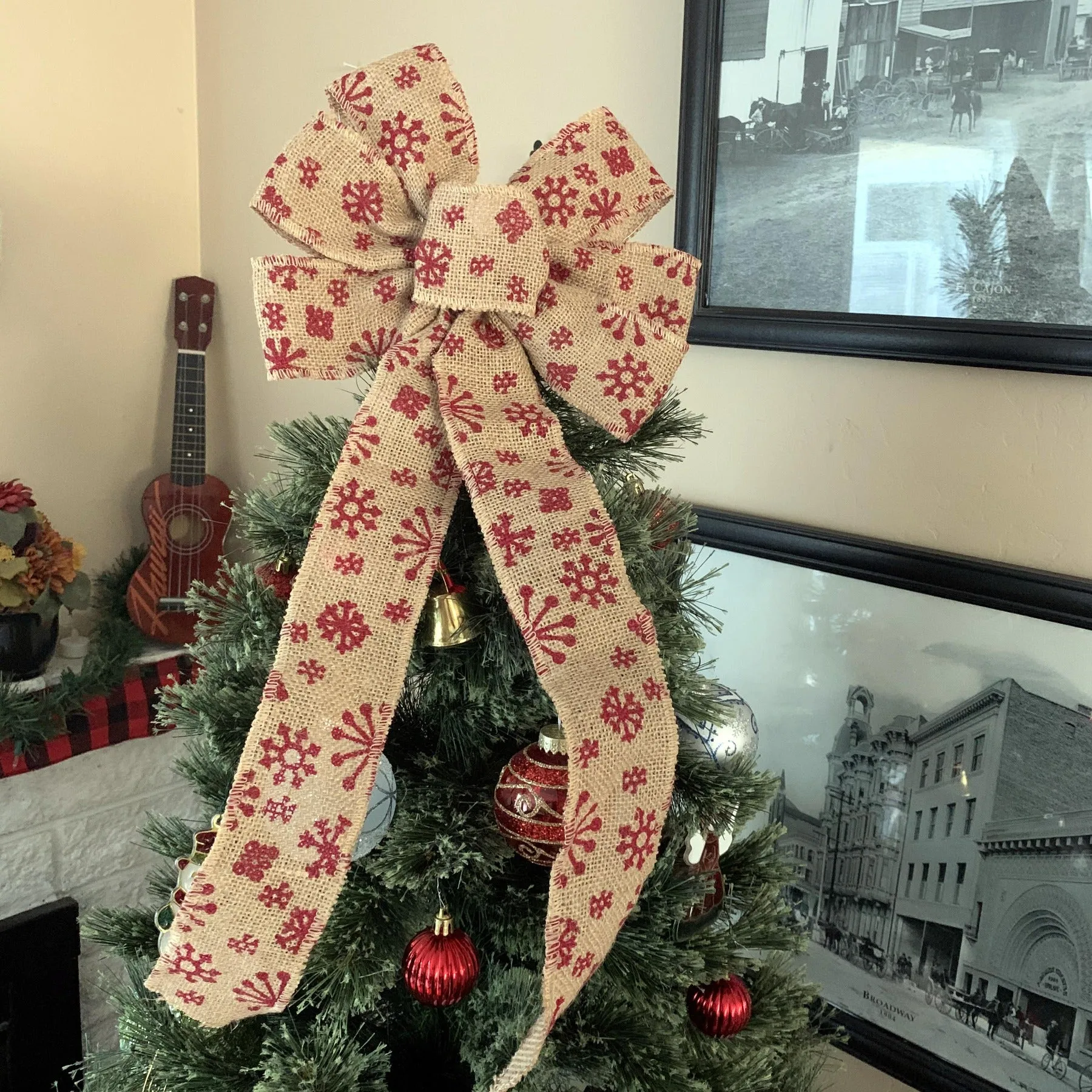 Red Snowflake Christmas Wreath Bow - 10" Wide, 18" Long Tails