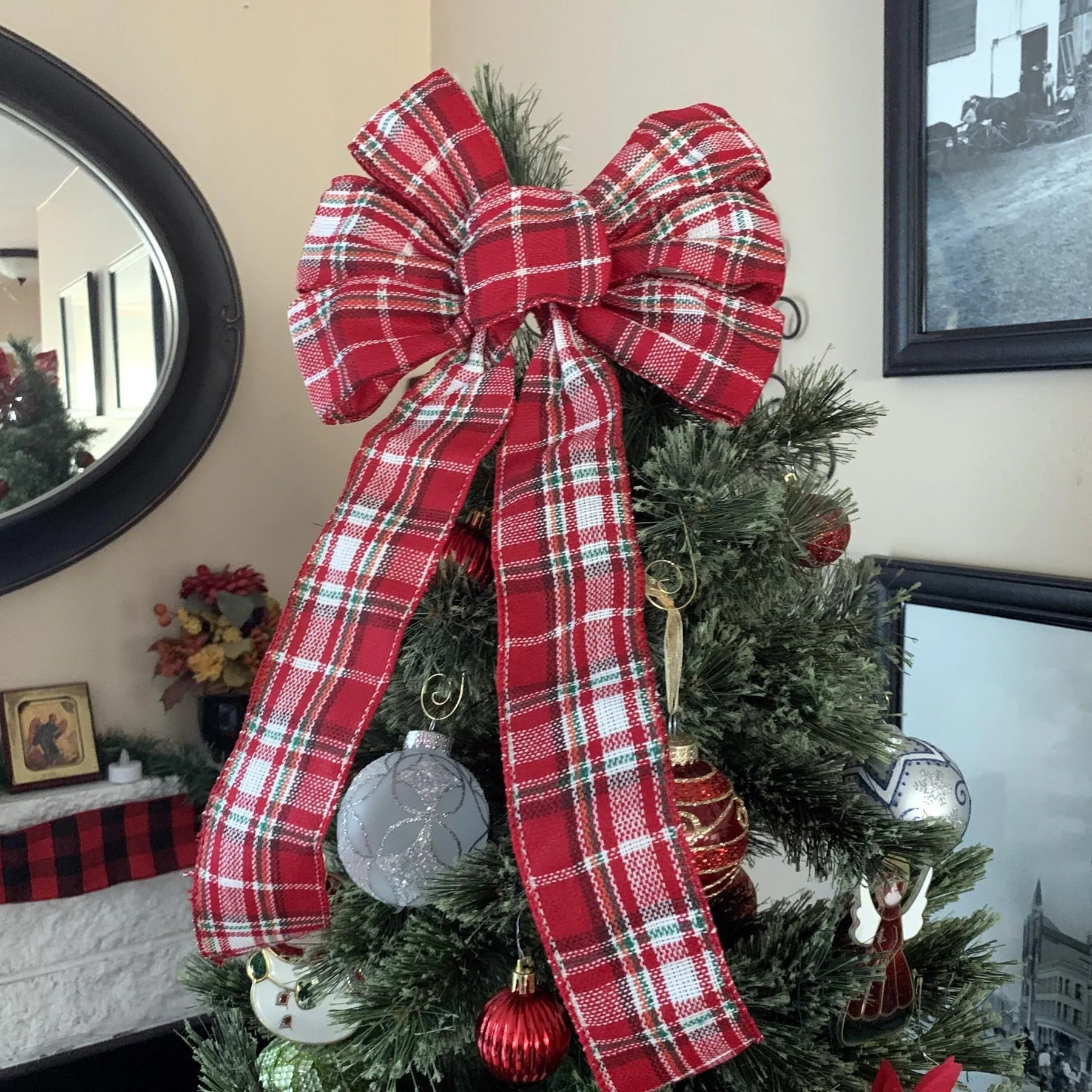 Red White Tartan Christmas Bow - 10" Wide, 18" Long