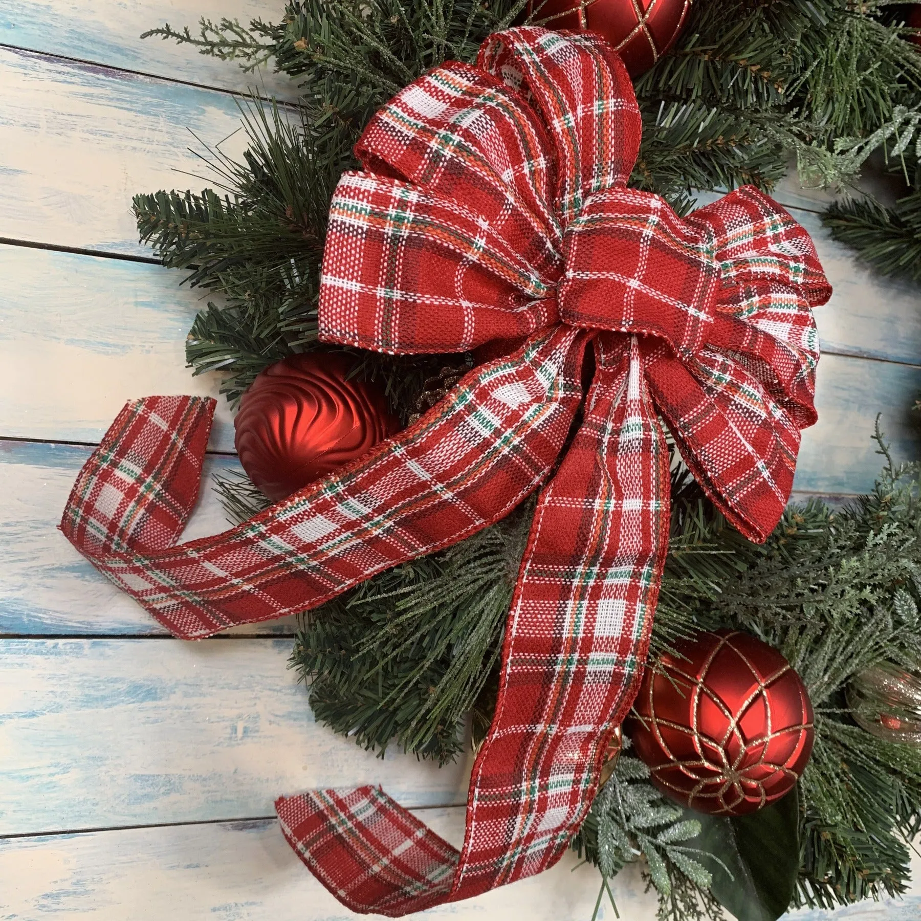 Red White Tartan Christmas Bow - 10" Wide, 18" Long