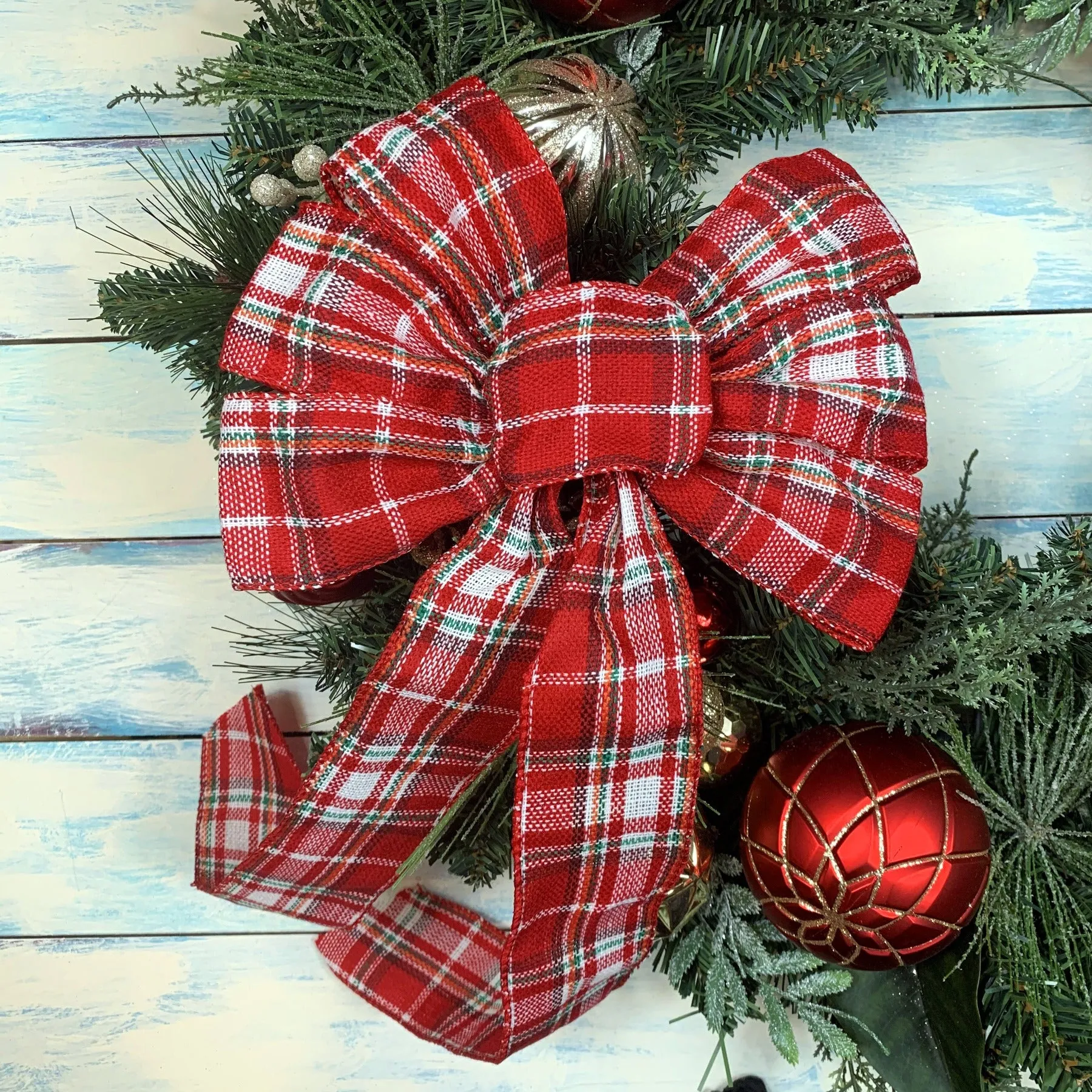 Red White Tartan Christmas Bow - 10" Wide, 18" Long