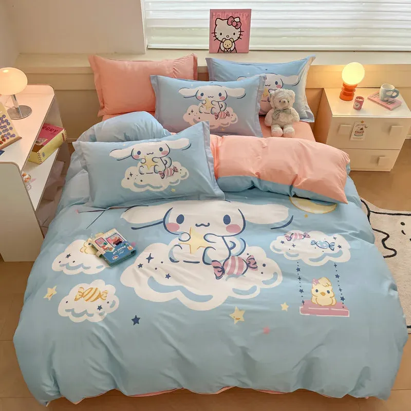 Sanrio Cartoon Dreamland 4-Piece Bedding Set - 100% COTTON - Hello Kitty, Melody, Cinnamoroll - King, Queen, Full Size