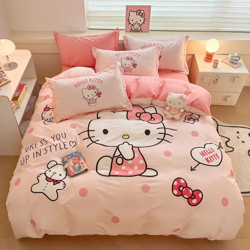 Sanrio Cartoon Dreamland 4-Piece Bedding Set - 100% COTTON - Hello Kitty, Melody, Cinnamoroll - King, Queen, Full Size