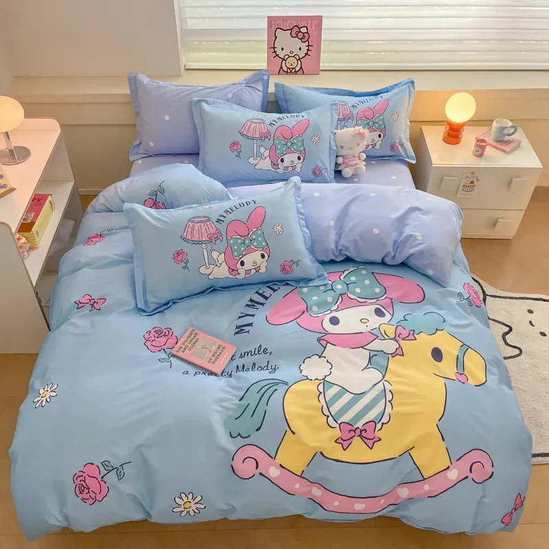 Sanrio Cartoon Dreamland 4-Piece Bedding Set - 100% COTTON - Hello Kitty, Melody, Cinnamoroll - King, Queen, Full Size