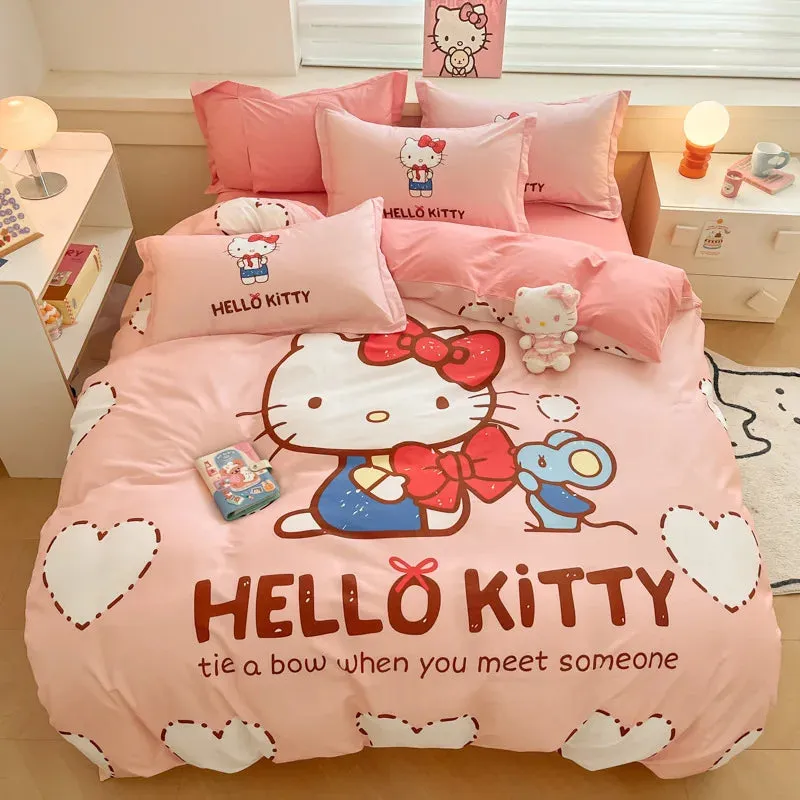 Sanrio Cartoon Dreamland 4-Piece Bedding Set - 100% COTTON - Hello Kitty, Melody, Cinnamoroll - King, Queen, Full Size