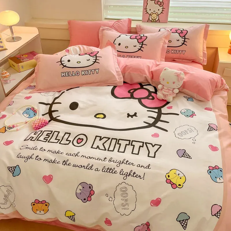 Sanrio Cartoon Dreamland 4-Piece Bedding Set - 100% COTTON - Hello Kitty, Melody, Cinnamoroll - King, Queen, Full Size