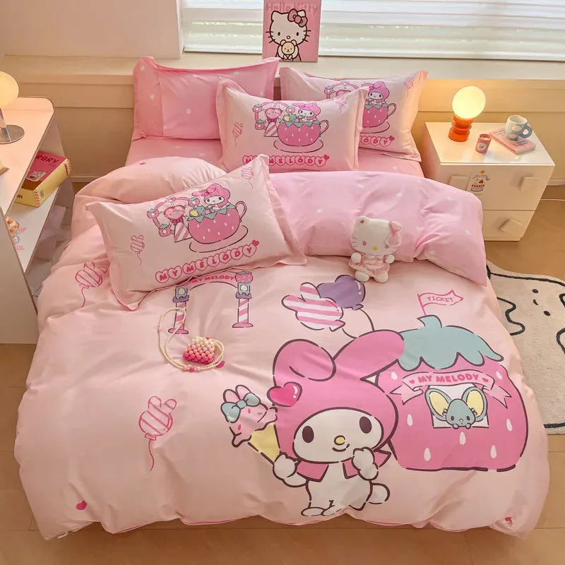 Sanrio Cartoon Dreamland 4-Piece Bedding Set - 100% COTTON - Hello Kitty, Melody, Cinnamoroll - King, Queen, Full Size