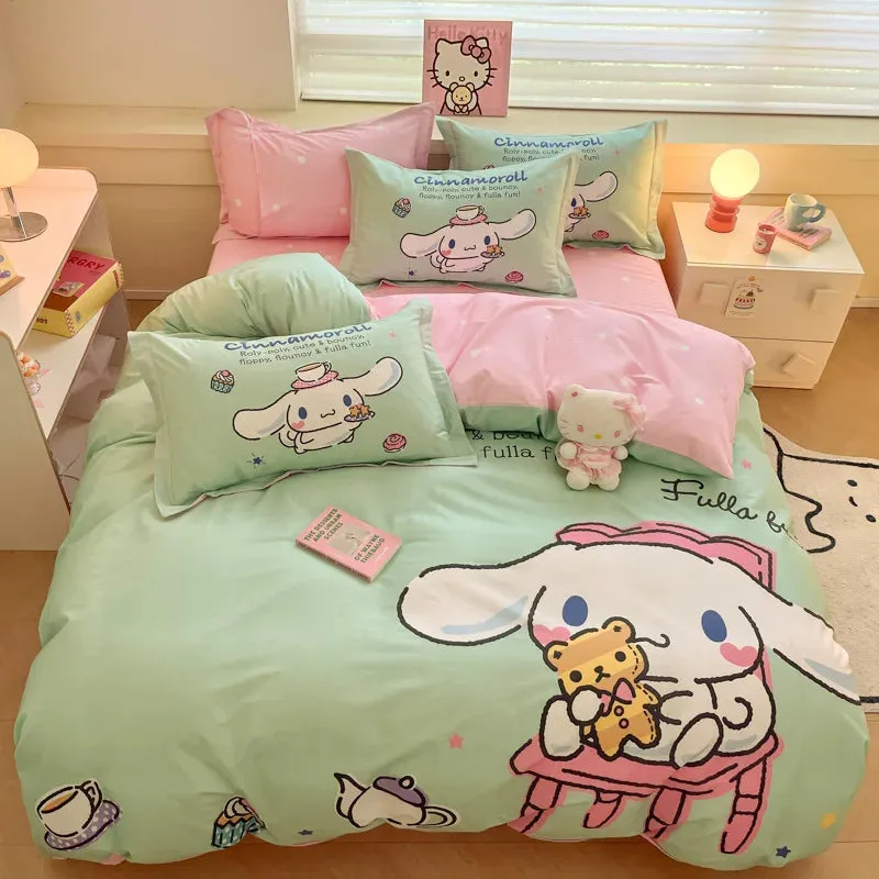 Sanrio Cartoon Dreamland 4-Piece Bedding Set - 100% COTTON - Hello Kitty, Melody, Cinnamoroll - King, Queen, Full Size