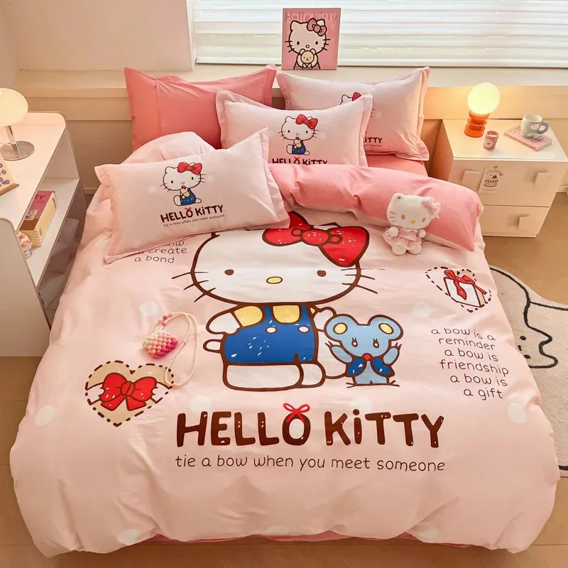 Sanrio Cartoon Dreamland 4-Piece Bedding Set - 100% COTTON - Hello Kitty, Melody, Cinnamoroll - King, Queen, Full Size