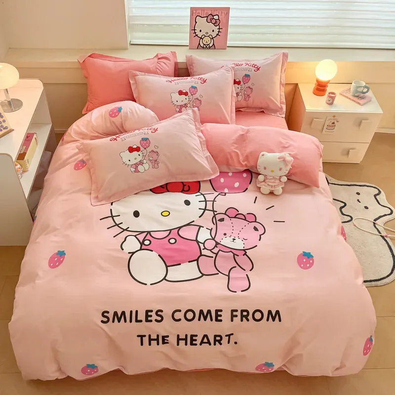 Sanrio Cartoon Dreamland 4-Piece Bedding Set - 100% COTTON - Hello Kitty, Melody, Cinnamoroll - King, Queen, Full Size