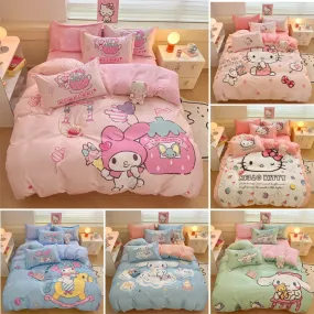 Sanrio Cartoon Dreamland 4-Piece Bedding Set - 100% COTTON - Hello Kitty, Melody, Cinnamoroll - King, Queen, Full Size