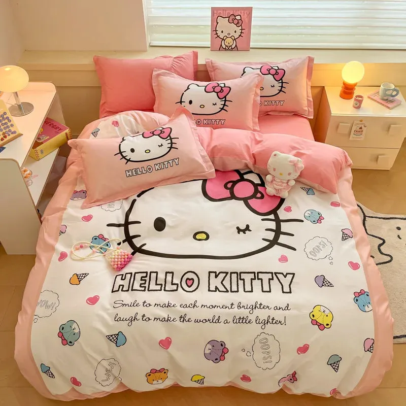 Sanrio Cartoon Dreamland 4-Piece Bedding Set - 100% COTTON - Hello Kitty, Melody, Cinnamoroll - King, Queen, Full Size