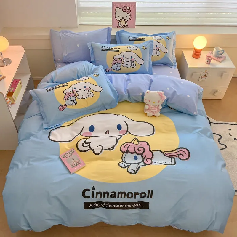 Sanrio Cartoon Dreamland 4-Piece Bedding Set - 100% COTTON - Hello Kitty, Melody, Cinnamoroll - King, Queen, Full Size