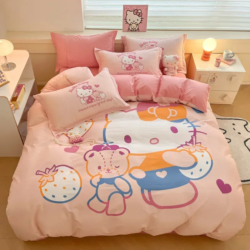 Sanrio Cartoon Dreamland 4-Piece Bedding Set - 100% COTTON - Hello Kitty, Melody, Cinnamoroll - King, Queen, Full Size