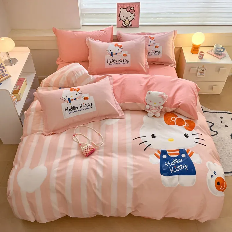 Sanrio Cartoon Dreamland 4-Piece Bedding Set - 100% COTTON - Hello Kitty, Melody, Cinnamoroll - King, Queen, Full Size