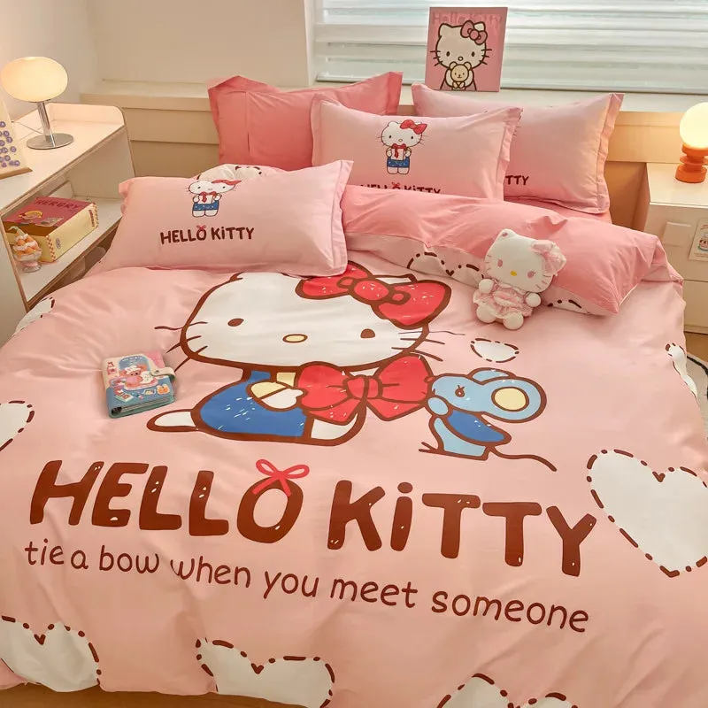 Sanrio Cartoon Dreamland 4-Piece Bedding Set - 100% COTTON - Hello Kitty, Melody, Cinnamoroll - King, Queen, Full Size