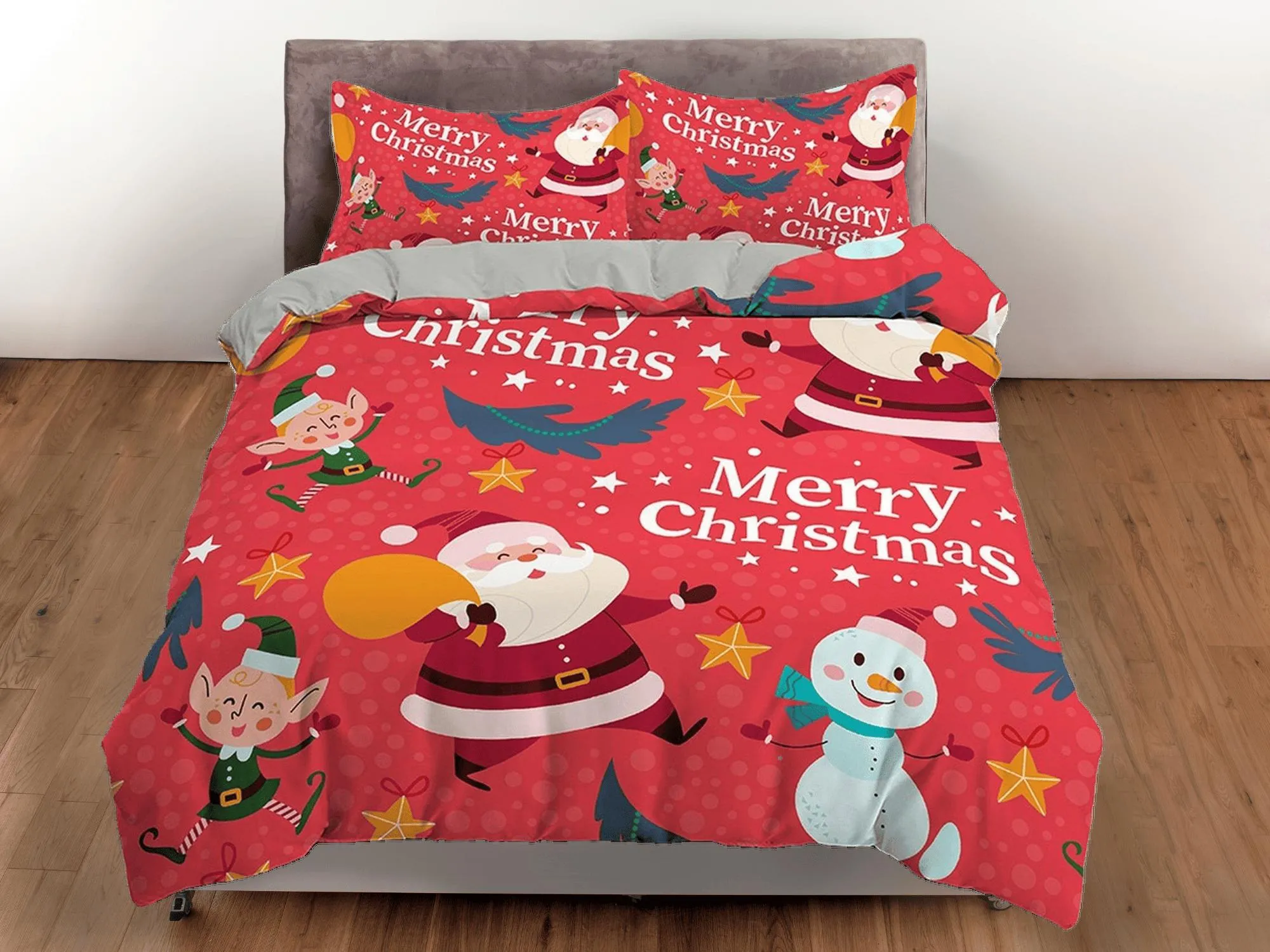 Santa claus and snowman bright red duvet cover set christmas full size bedding & pillowcase, college bedding, toddler bedding, holiday gift