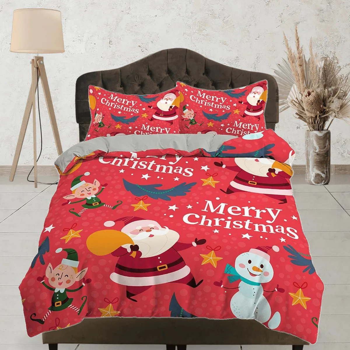 Santa claus and snowman bright red duvet cover set christmas full size bedding & pillowcase, college bedding, toddler bedding, holiday gift