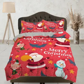 Santa claus and snowman bright red duvet cover set christmas full size bedding & pillowcase, college bedding, toddler bedding, holiday gift