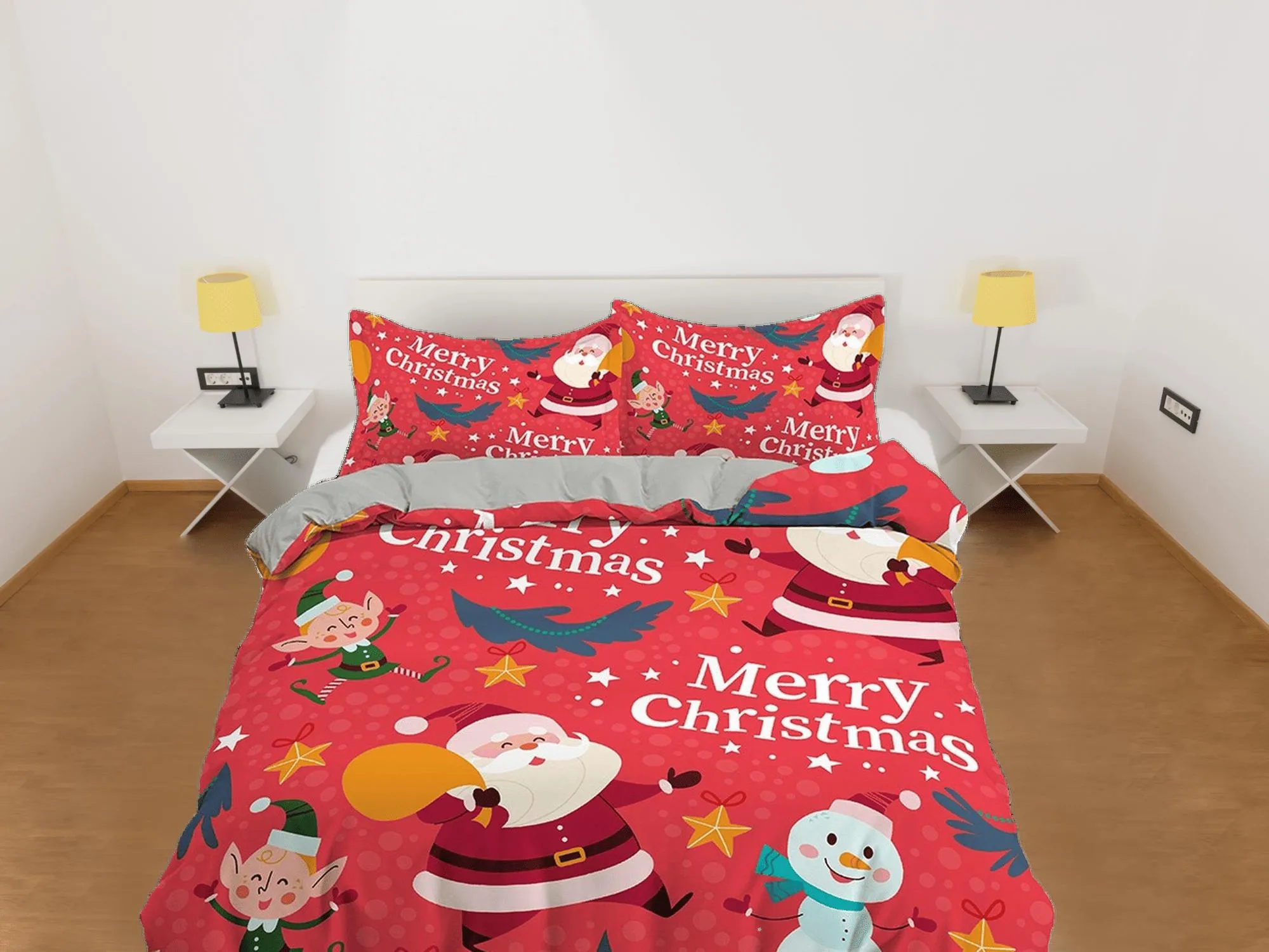 Santa claus and snowman bright red duvet cover set christmas full size bedding & pillowcase, college bedding, toddler bedding, holiday gift