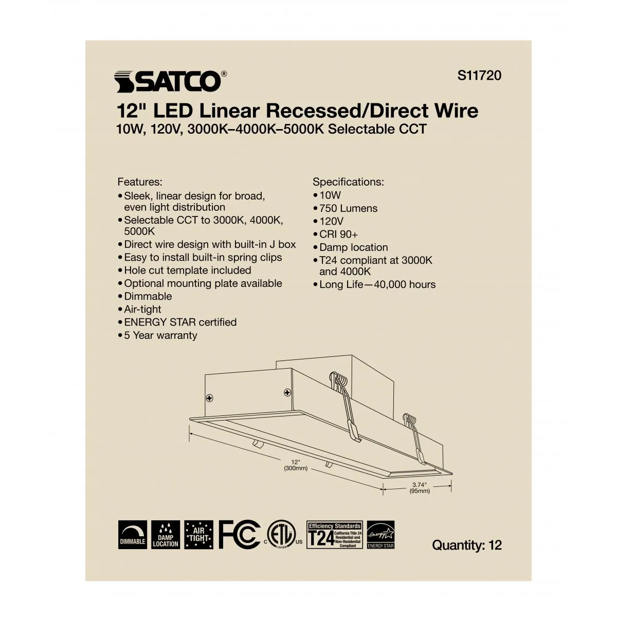 Satco S11720 - 12 inch LED Linear Recessed Downlight - 10 Watt - Selectable CCT