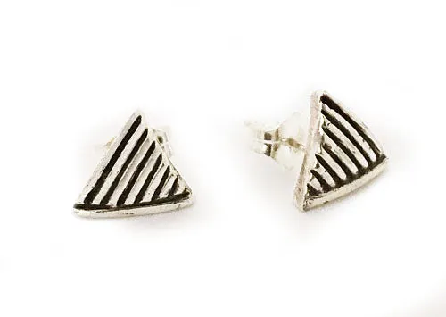 Silver Striped Triangle Post Earrings