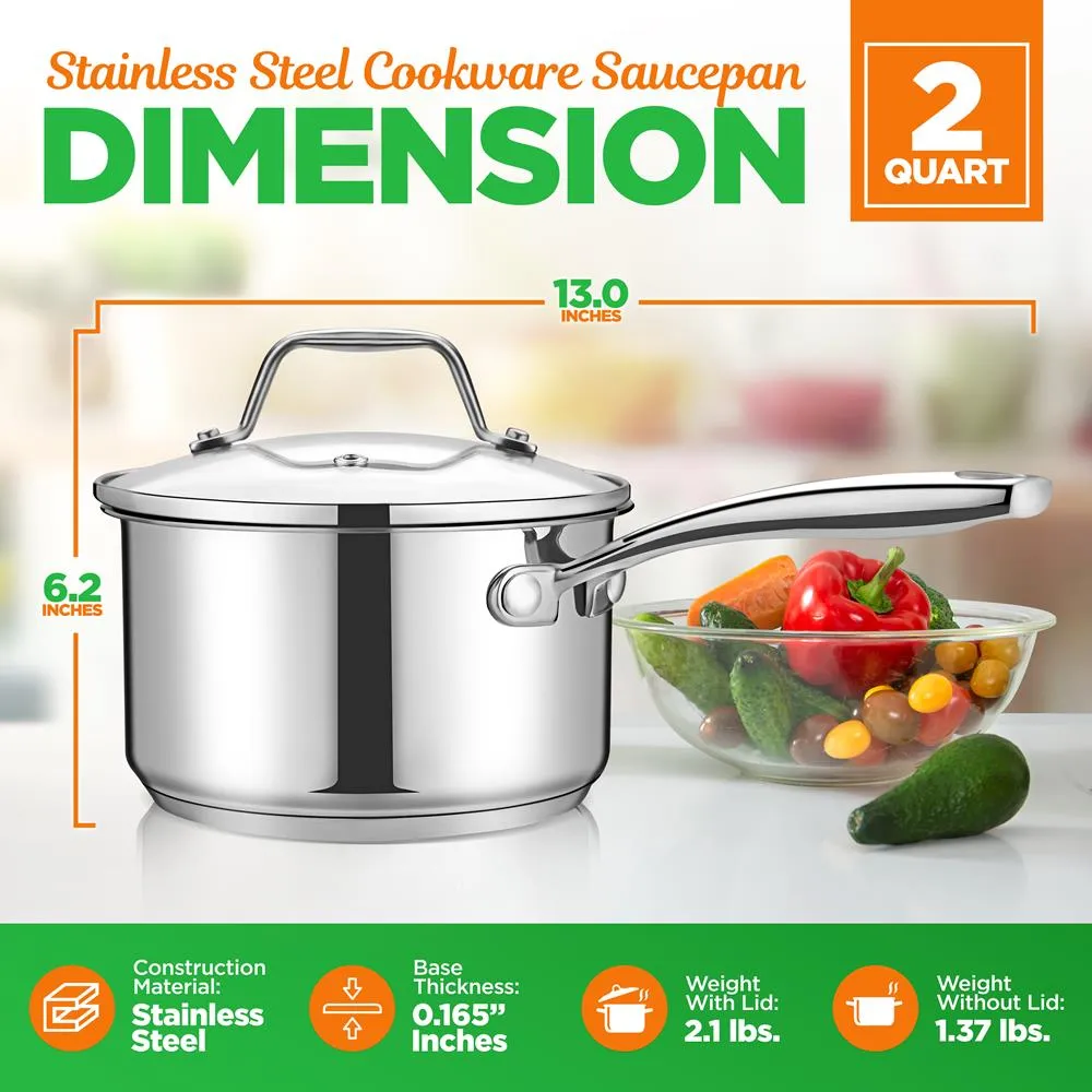 Stainless Steel Cookware Saucepan - 2 Quart, Heavy Duty Induction Pot, Saucepan With Lid