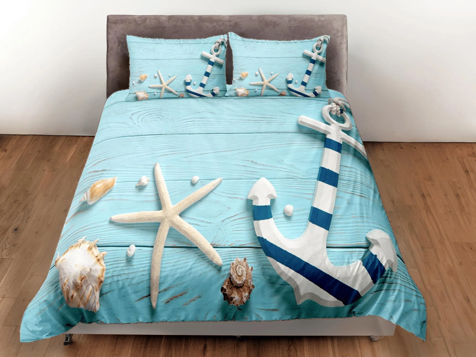 Starfish & anchor coastal grandma blue duvet cover nautical bedding set full queen king, aesthetic beach room decor, ocean lover gift seaman