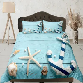 Starfish & anchor coastal grandma blue duvet cover nautical bedding set full queen king, aesthetic beach room decor, ocean lover gift seaman