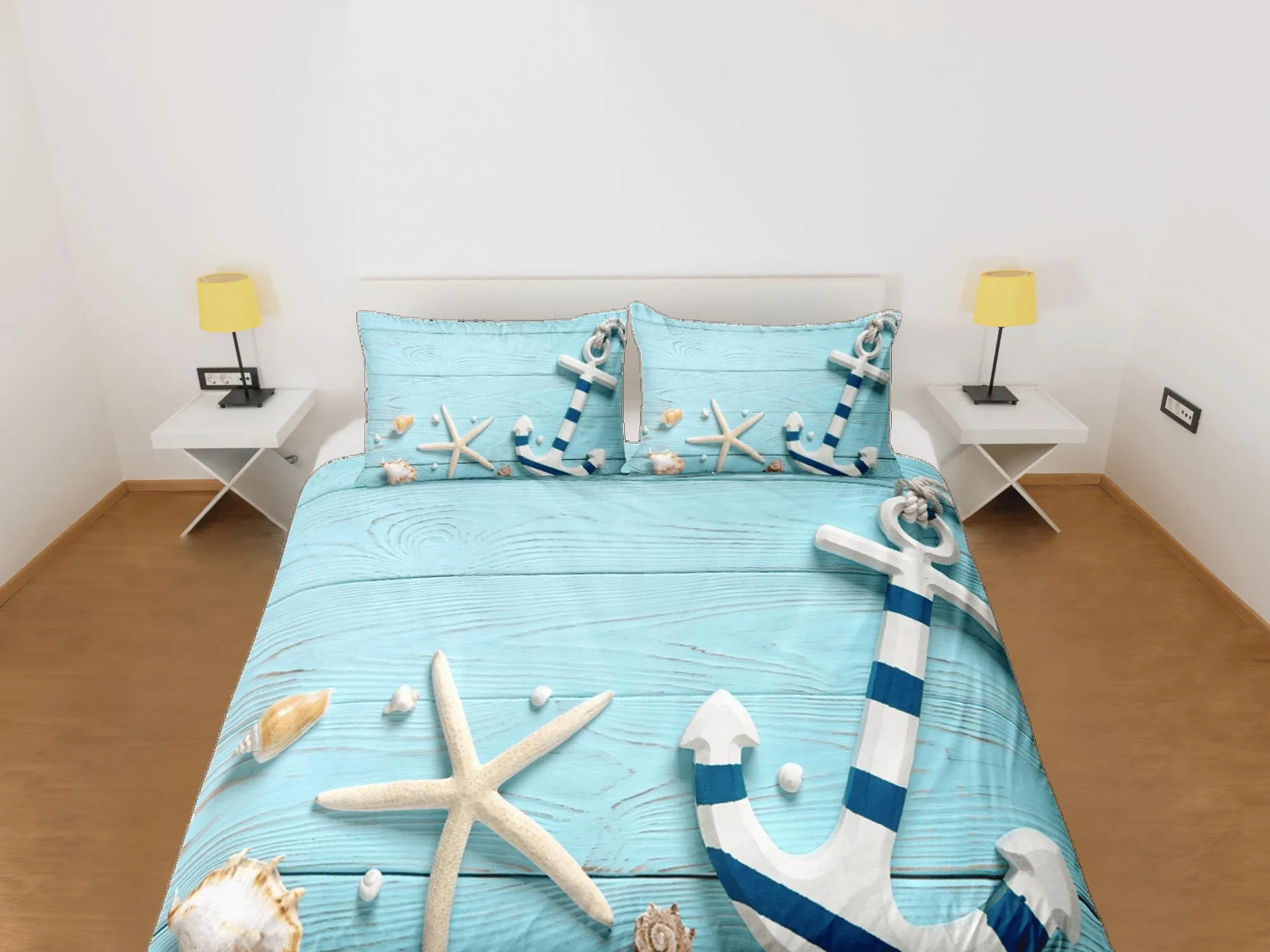 Starfish & anchor coastal grandma blue duvet cover nautical bedding set full queen king, aesthetic beach room decor, ocean lover gift seaman