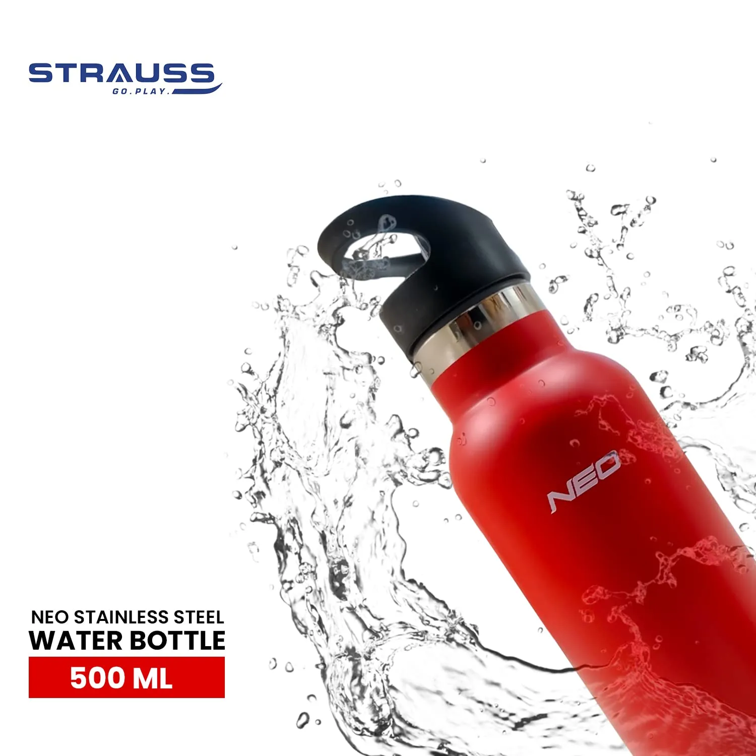 STRAUSS Stainless Steel Water Bottle | Leak Proof, BPA Free, Vacuum Insulated Flask Water Bottle | Ideal for School, Office, Home, Gym | Eco-Friendly, Durable, Sweat-Proof Design | 500ml,(Red)