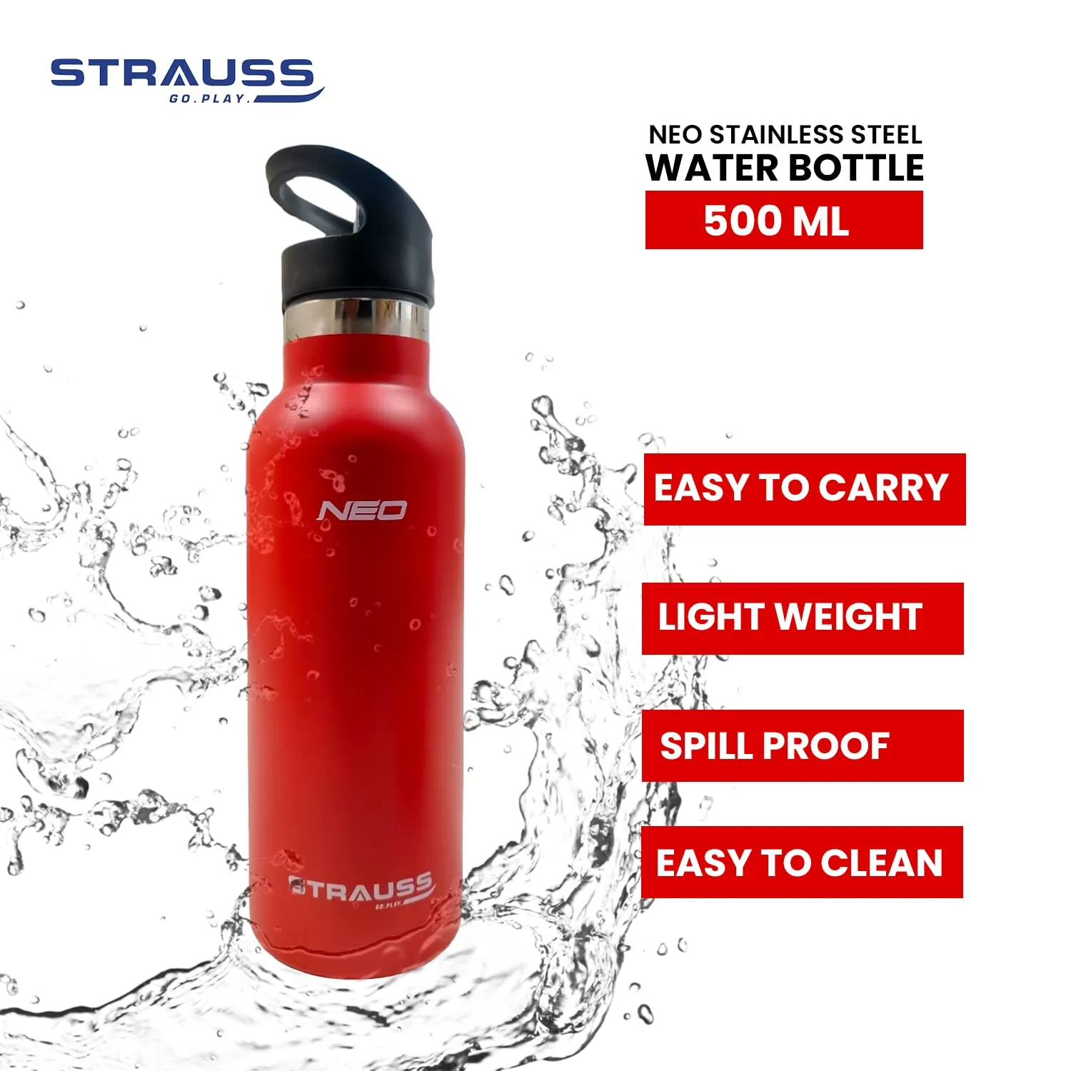 STRAUSS Stainless Steel Water Bottle | Leak Proof, BPA Free, Vacuum Insulated Flask Water Bottle | Ideal for School, Office, Home, Gym | Eco-Friendly, Durable, Sweat-Proof Design | 500ml,(Red)