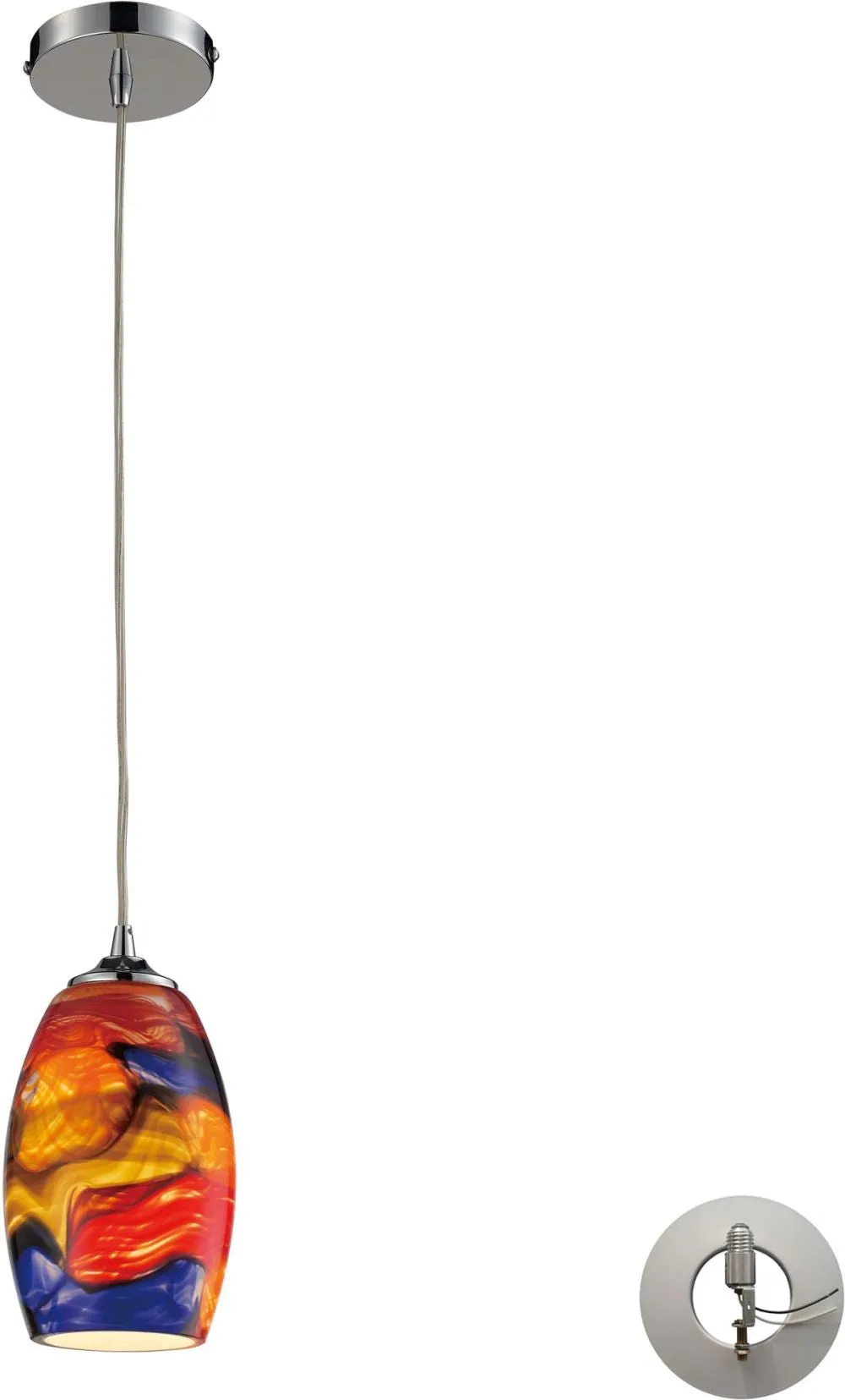 Surrealist 1 Light Pendant In Polished Chrome and Multicolor Glass - Includes Recessed Lighting Kit