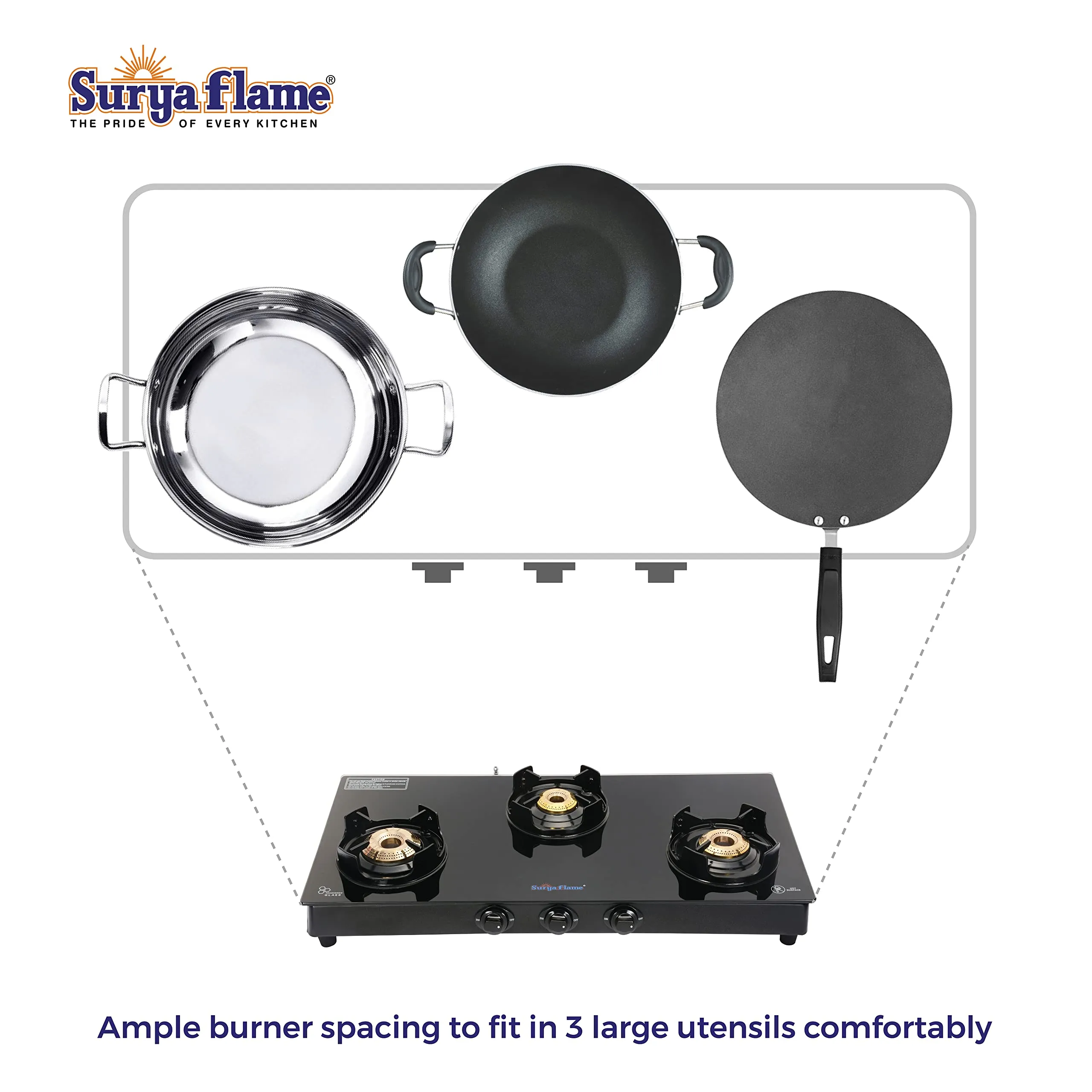 Surya Flame Black Beauty Gas Stove 3 Burners Glass Top LPG Stove | LPG Gas Dual Layer Rubber Hose Pipe 1.5M | Chrome Stainless Steel Gas Lighter (Pack of 2)