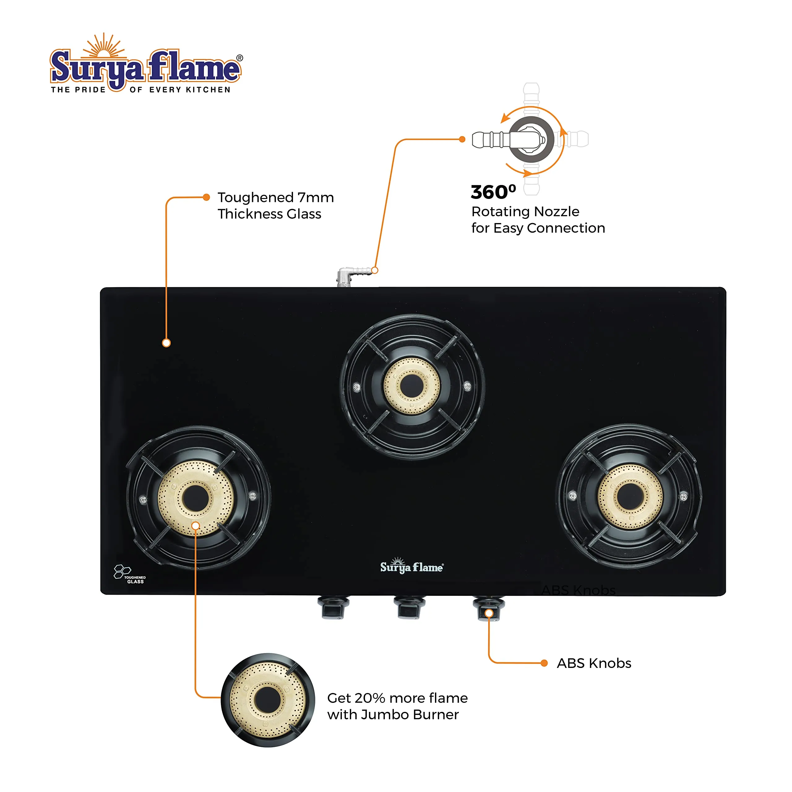 Surya Flame Black Beauty Gas Stove 3 Burners Glass Top LPG Stove | LPG Gas Dual Layer Rubber Hose Pipe 1.5M | Chrome Stainless Steel Gas Lighter (Pack of 2)