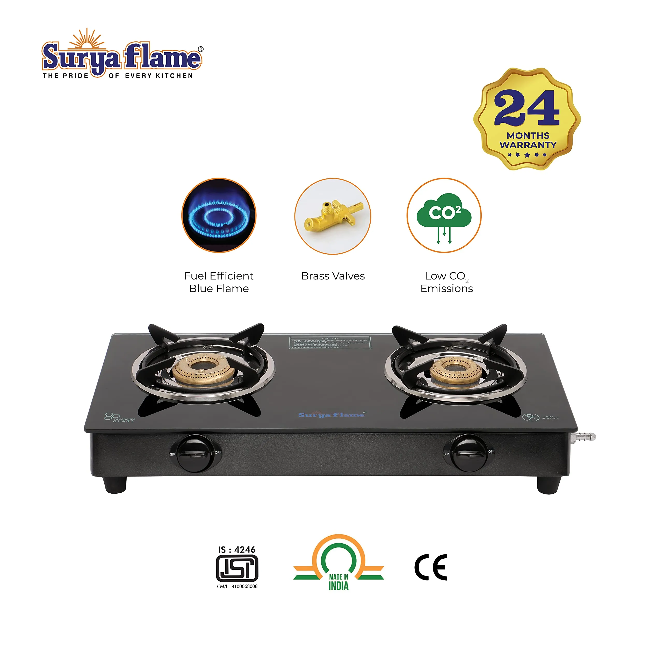 Surya Flame Lifestyle Gas Stove Glass Top | Powder Coated Black Body LPG Stove with 69% Thermal Efficiency - 2 Years Complete Doorstep Warranty (2 Burner, 2)