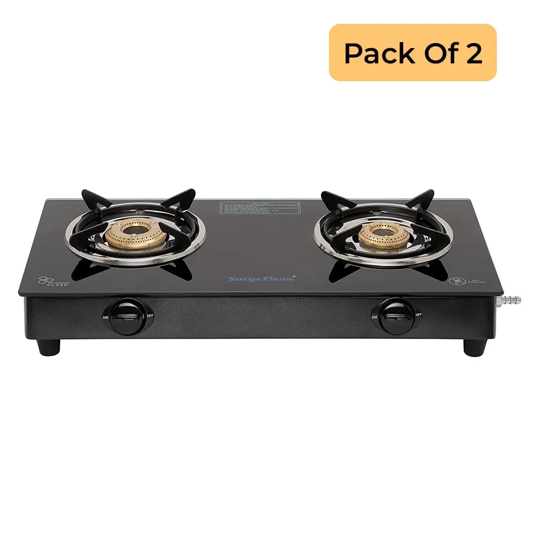 Surya Flame Lifestyle Gas Stove Glass Top | Powder Coated Black Body LPG Stove with 69% Thermal Efficiency - 2 Years Complete Doorstep Warranty (2 Burner, 2)