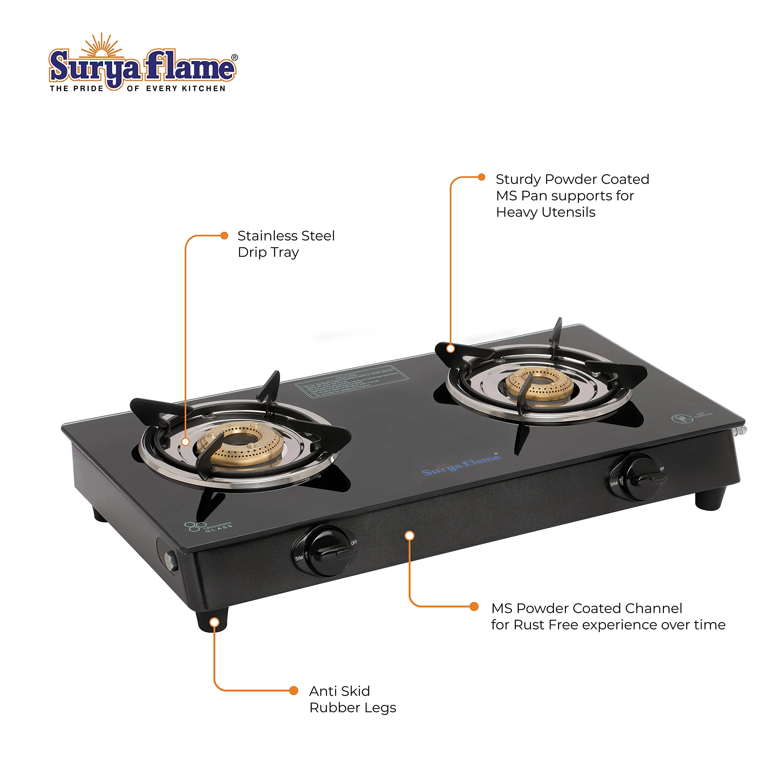 Surya Flame Lifestyle Gas Stove Glass Top | Powder Coated Black Body LPG Stove with 69% Thermal Efficiency - 2 Years Complete Doorstep Warranty (2 Burner, 2)