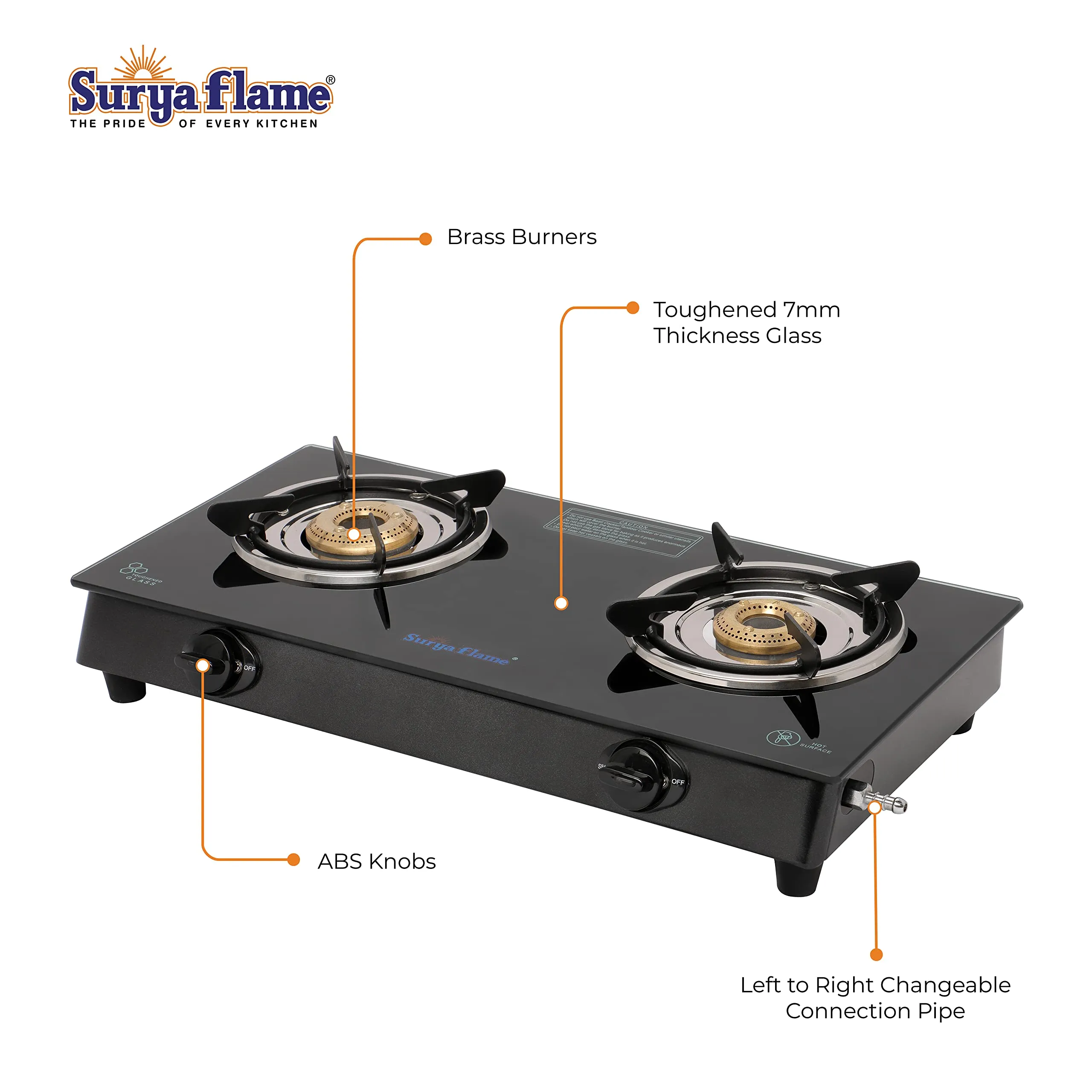 Surya Flame Lifestyle Gas Stove Glass Top | Powder Coated Black Body LPG Stove with 69% Thermal Efficiency - 2 Years Complete Doorstep Warranty (2 Burner, 2)