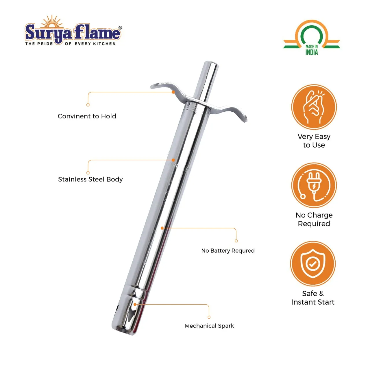 Surya Flame Smart Gas Stove 3 Burners Glass Top PNG Stove | LPG Gas Dual Layer Rubber Hose Pipe 1.5M | Chrome Stainless Steel Gas Lighter (Pack of 2)