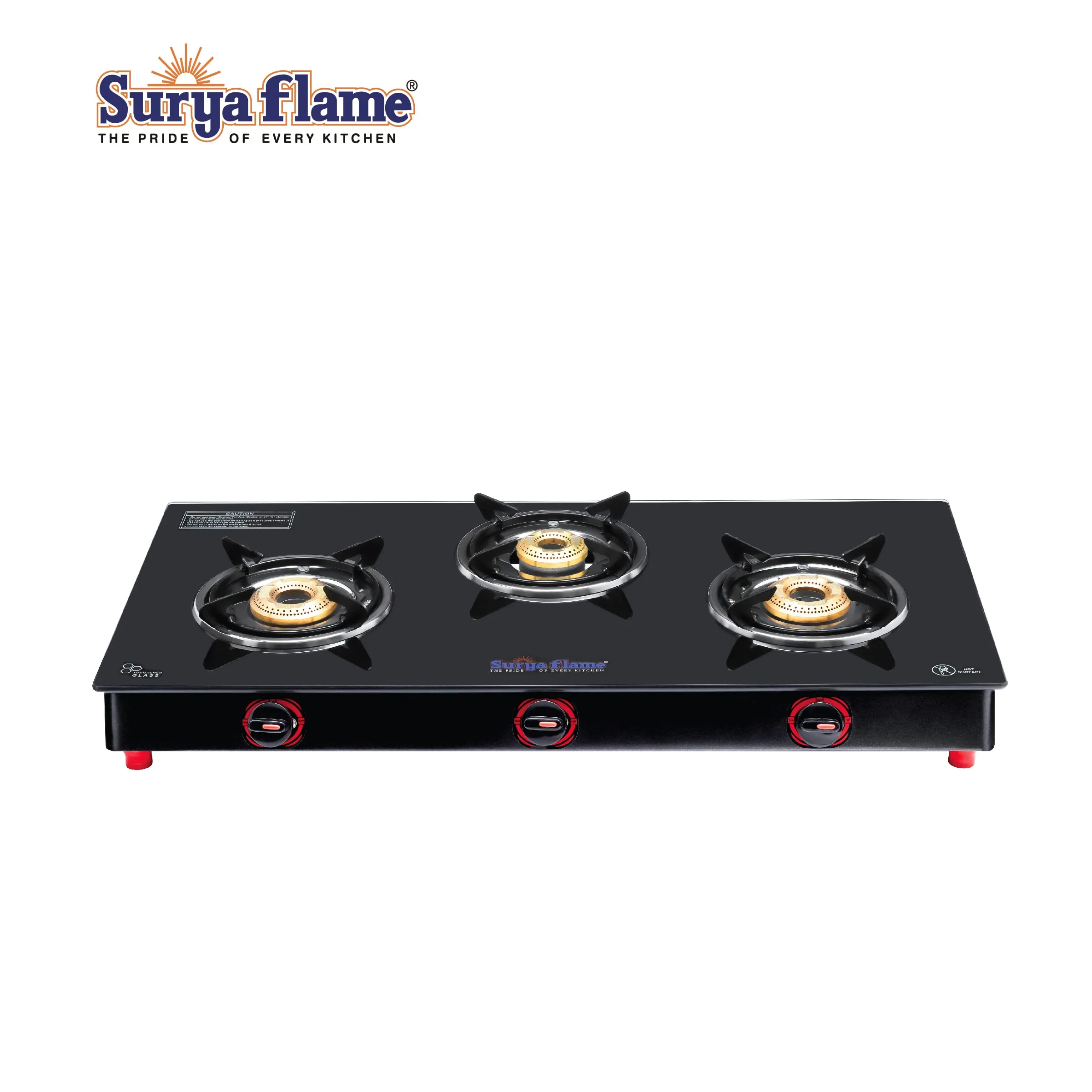 Surya Flame Smart Gas Stove 3 Burners Glass Top PNG Stove | LPG Gas Dual Layer Rubber Hose Pipe 1.5M | Chrome Stainless Steel Gas Lighter (Pack of 2)