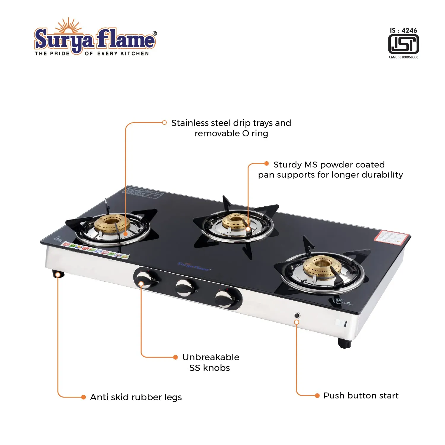 Surya Flame Supreme Gas Stove 3 Burners Glass Top | Stainless Steel Body | LPG Stove with Jumbo Burner & Spill Proof Design - 2 Years Complete Doorstep Warranty(Pack of 2)