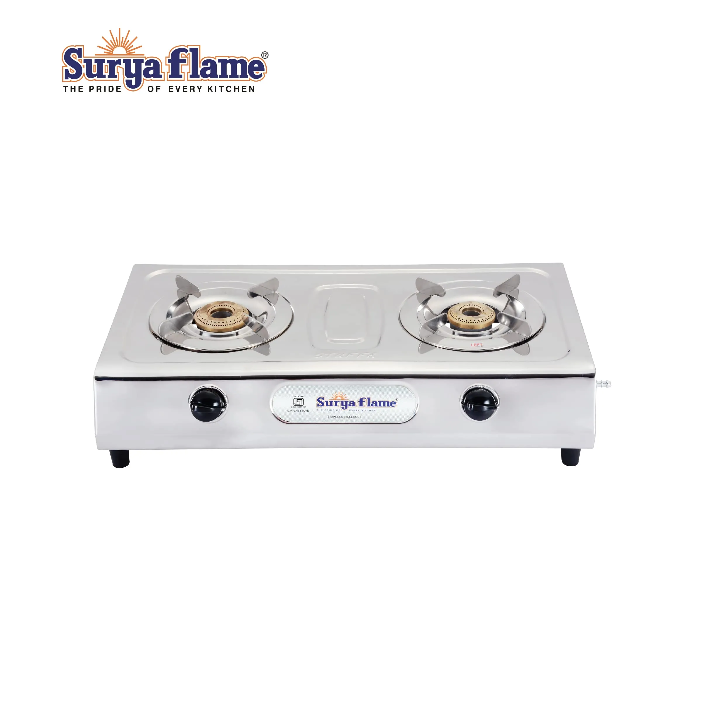 Surya Flame Ultimate Gas Stove 2 Burners Manual PNG Stove | LPG Gas Dual Layer Rubber Hose Pipe 1.5M | Premier Stainless Steel Gas Lighter with Knife