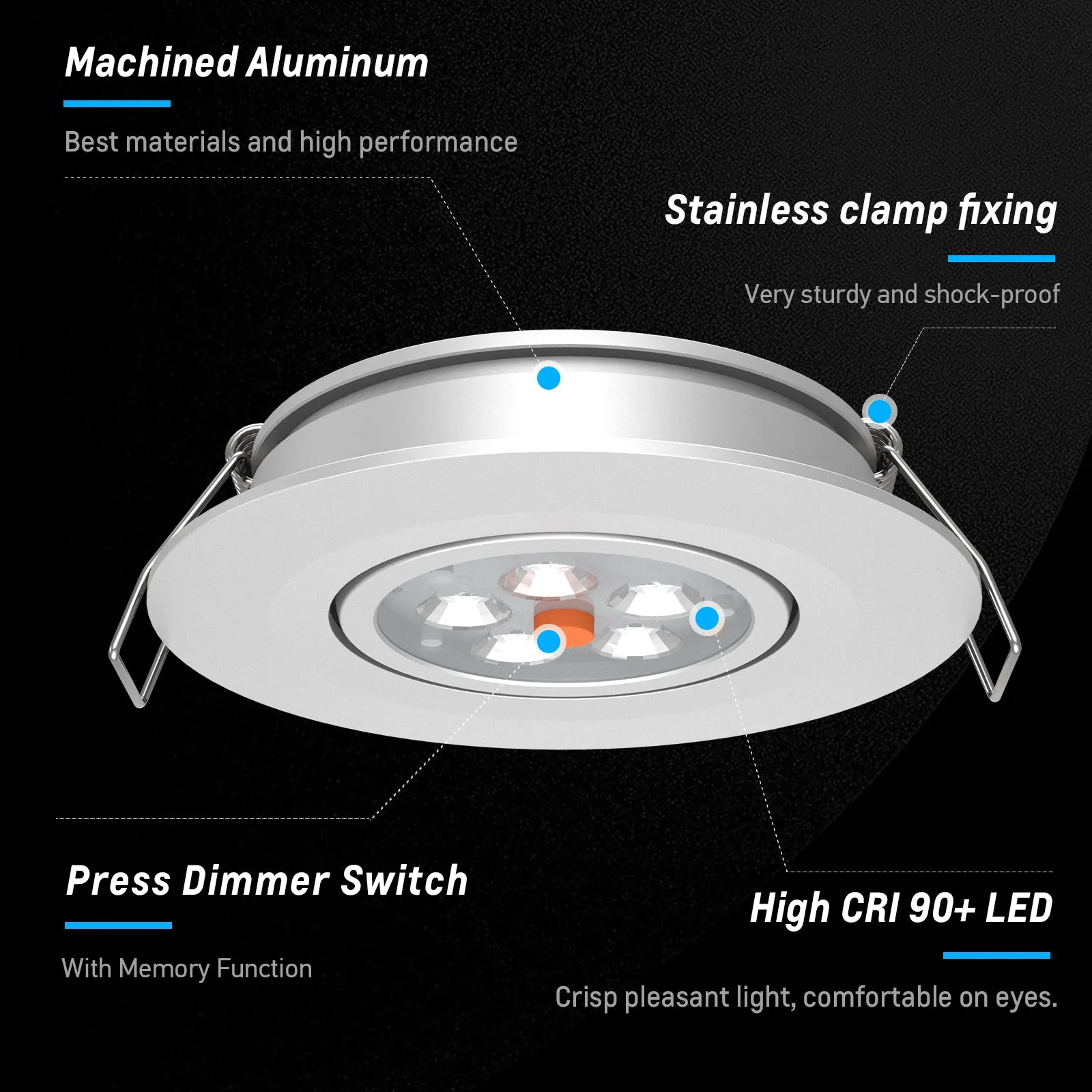 Swivel RV Light Recessed Puck Light 12V LED RV Interior Light, 36° Beam Angle Vertical 70° Adjustment,Full Aluminum Downlights,3 Inch Inbuilt Dimmer Switch & Red Nightlight, Silver