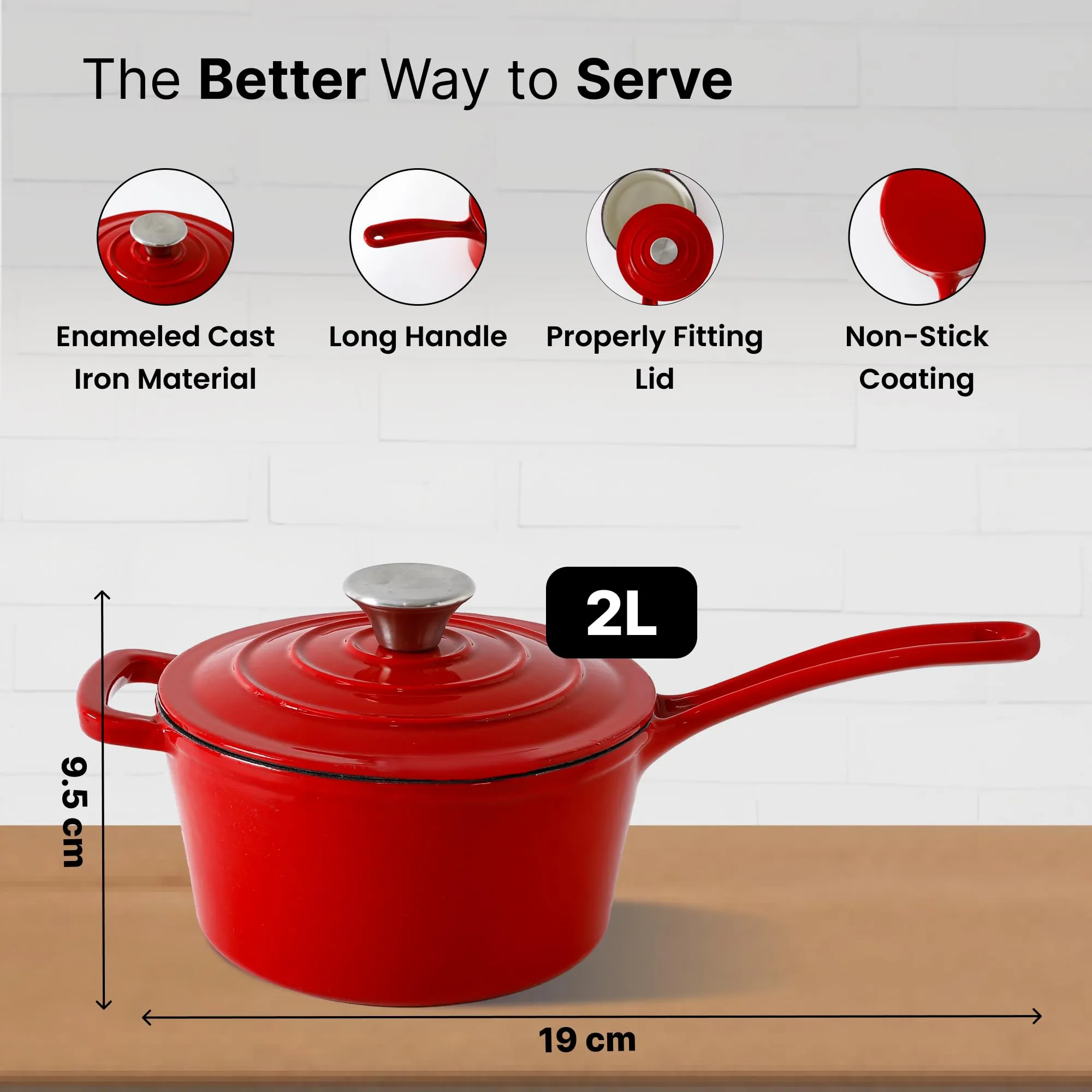 The Better Home Rustic Cast Iron Saucepan with Lid & Long Handle (2L) | Gas & Induction cookware | Heavy Bottom Saucepot | Saucepan for Tea/Soup | Enameled Cast Iron Cookware | Sauce Pan | Curry Pot