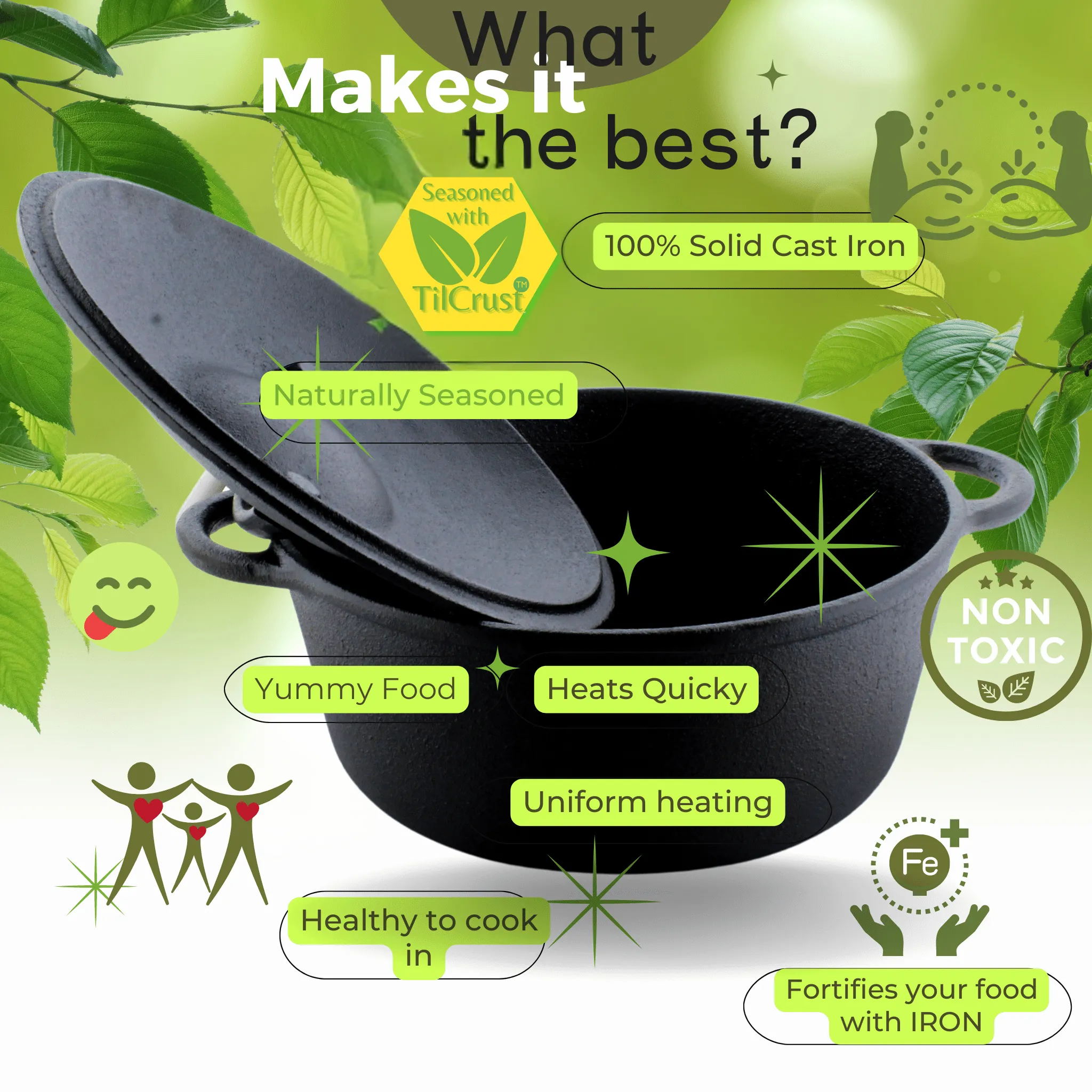 Trilonium Pre-Seasoned Cast Iron Combo Skillet Fry Pan 26cm   5 Litres Dutch oven 26cm