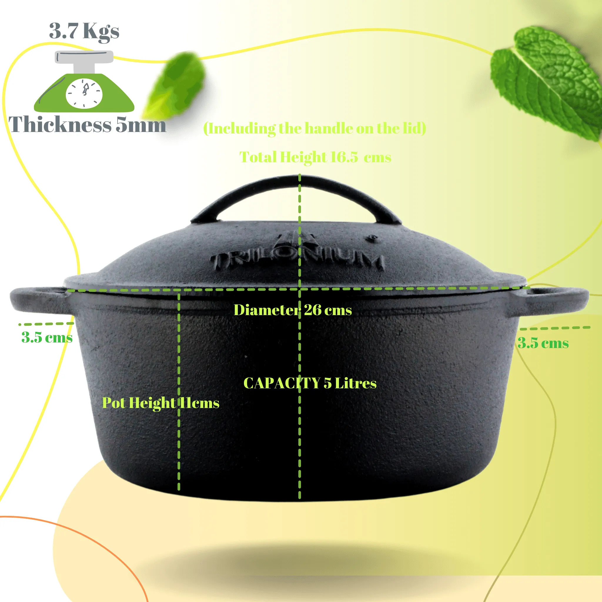 Trilonium Pre-Seasoned Cast Iron Combo Skillet Fry Pan 26cm   5 Litres Dutch oven 26cm